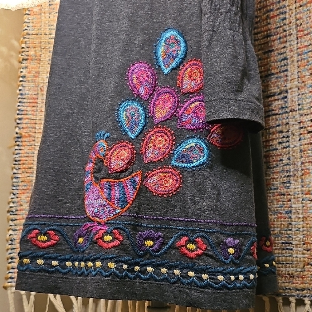 JOHNNY WAS JWLA Gray Embroidered Dress with Colorful Peacock Designr Tree Ee